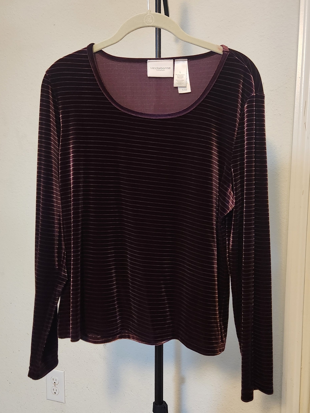 Liz Claiborne Plum Velour Striped Long-Sleeve Top